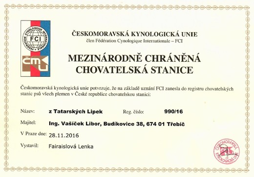 Mezinárodně chráněná chovatelská stanice - Vašíček Libor